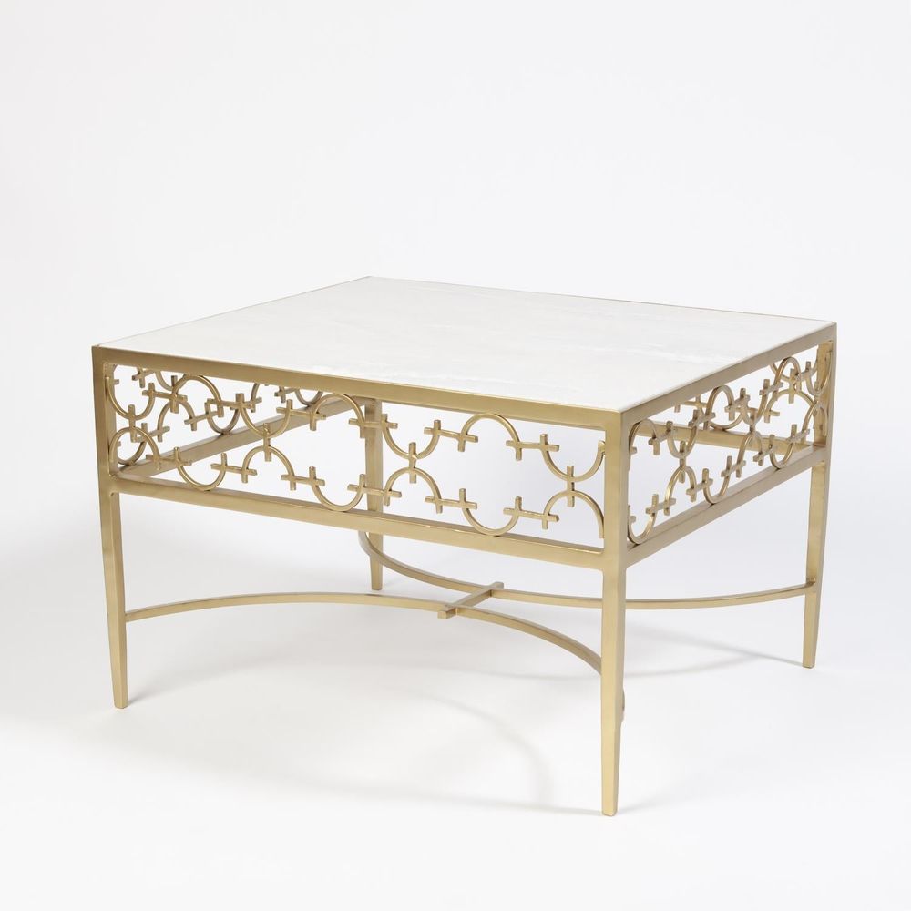 C-Fret Cocktail Table-Gold, shown in gold and white with marble, metal, and fixed four-leg base.