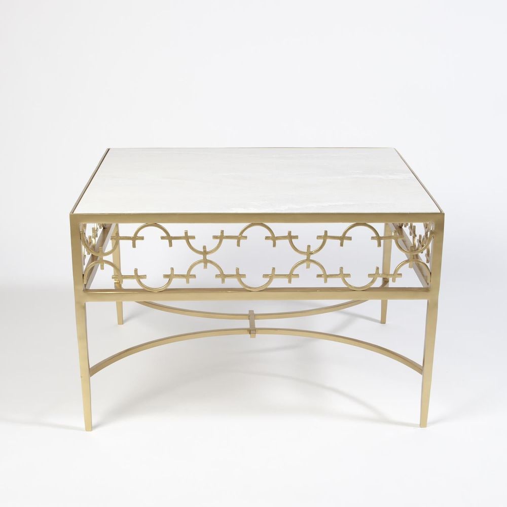 Alternate view of C-Fret Cocktail Table-Gold, featuring polished stone finish, marble, metal, and fixed four-leg base.