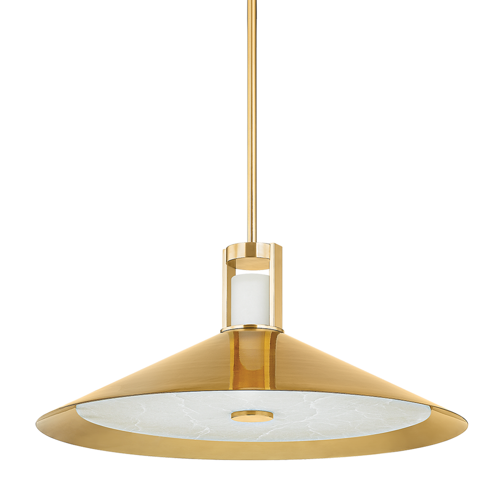 Clermont Pendant, shown in brass gold and white with metal, marble, and ceiling-hung stem suspension.