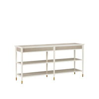 Aster Console Table, shown in off-white and light taupe with wood, metal, and two full-width drawers.