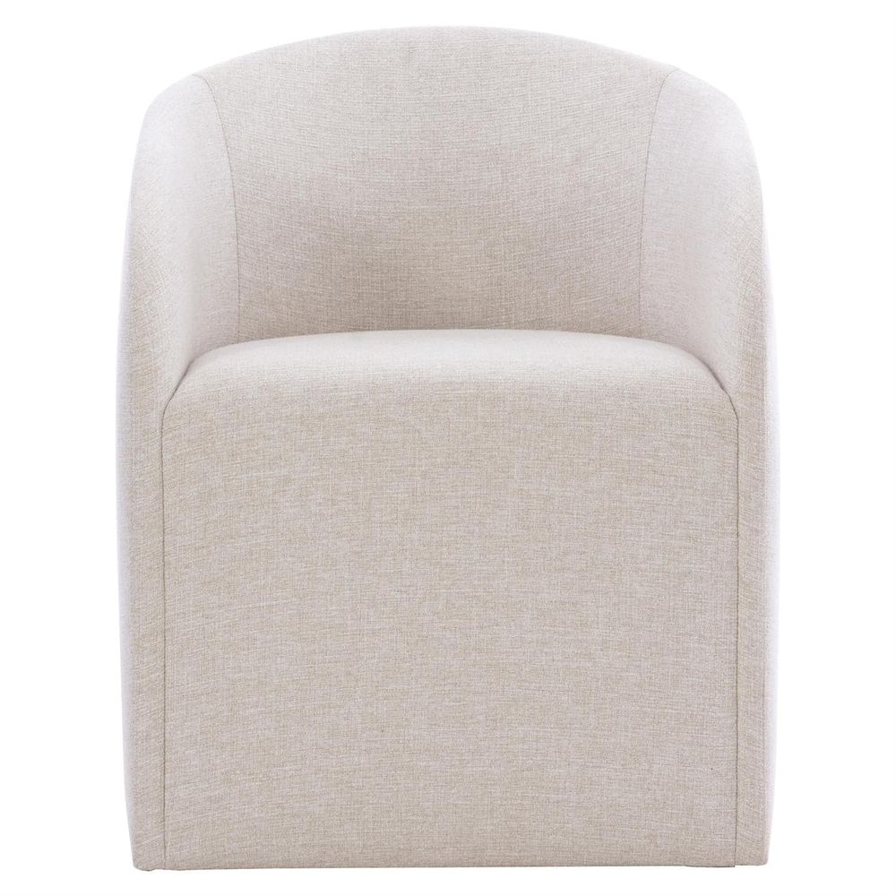 Finch Arm Chair, shown in light beige and warm oatmeal with woven fabric, upholstery textile, and fixed integrated arms.