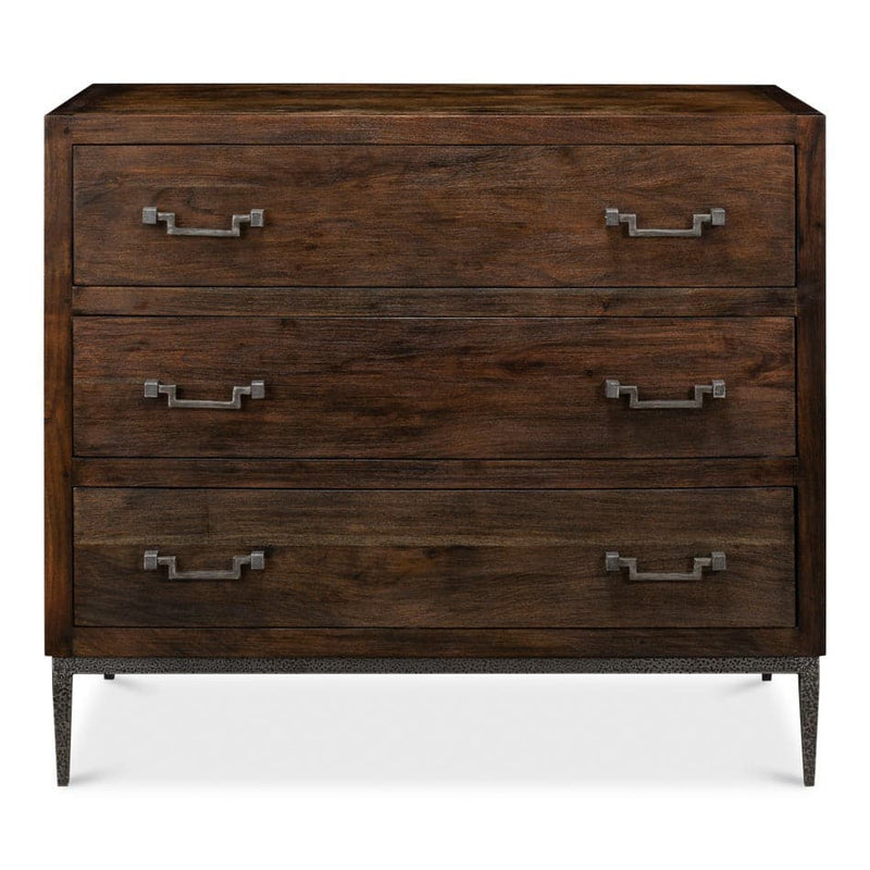 Bauhaus Chest Of Drawers, shown in dark brown and espresso with wood, metal, and three full-width drawers.