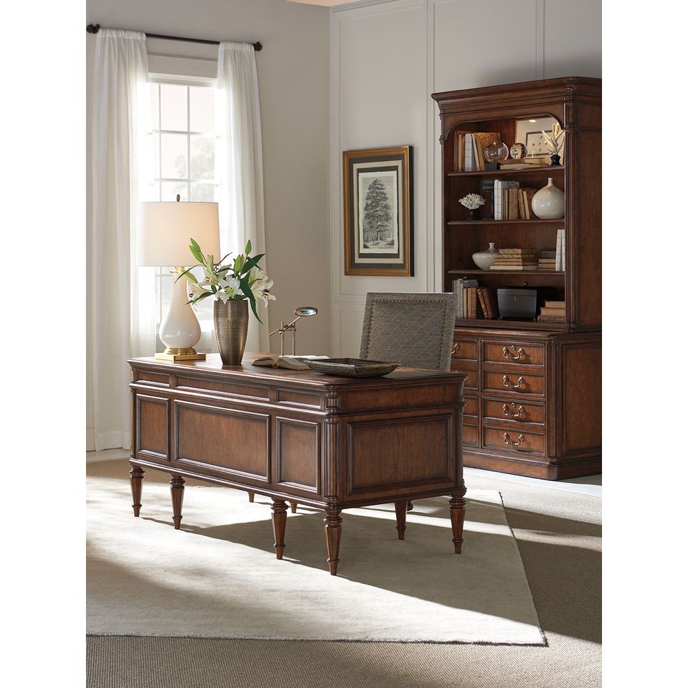 Additional view of Wesley Desk, featuring polished brass finish, wood, leather, and a double pedestal base.