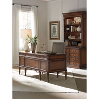 Additional view of Wesley Desk, featuring polished brass finish, wood, leather, and a double pedestal base.