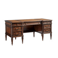 Wesley Desk, shown in medium brown and warm amber wood with wood, leather, and a double pedestal base.