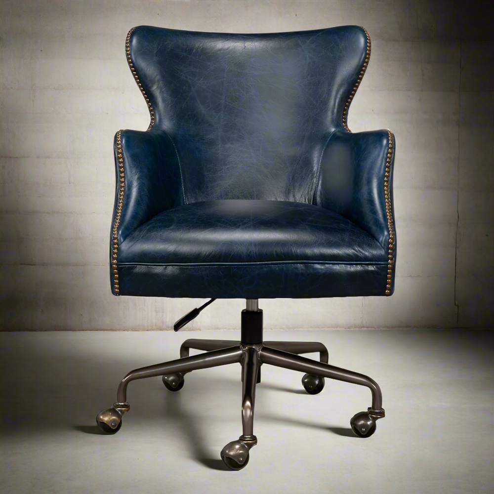 Additional view of Andrew Jackson Desk Chair in navy blue and indigo, featuring nailhead trim finish and a swivel base.