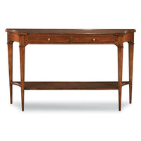 Marseille Console Table, shown in medium brown and warm amber-brown with wood and brass.