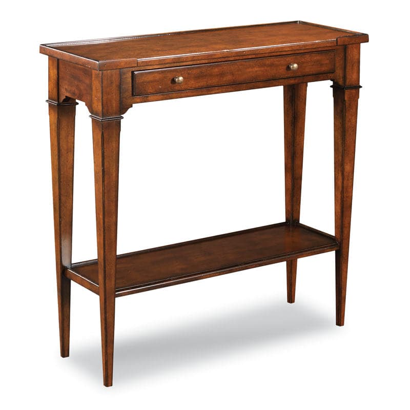 Marseille Hall Table, shown in warm brown and off-white with cherry wood, metal, and single storage drawer.