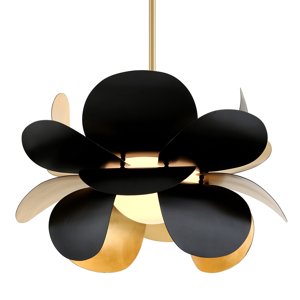 Ginger Chandelier, shown in black and gold with metal, gold leaf, and a ceiling-suspended rod mount.