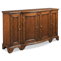 Marseille Sideboard, shown in medium amber brown and warm cherry brown with wood and brass hardware.