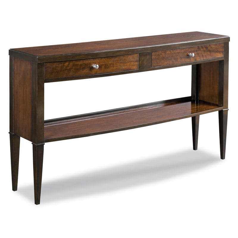 Graham Hall Table, shown in dark brown and walnut brown with wood, metal, and pair of apron drawers with round knobs.
