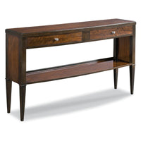 Graham Hall Table, shown in dark brown and walnut brown with wood, metal, and pair of apron drawers with round knobs.