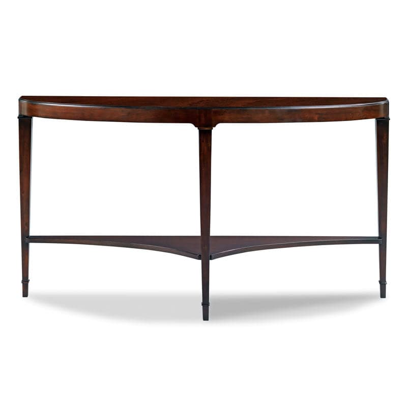 Addison Demi Lune Console, shown in dark mahogany brown and deep espresso with hardwood and mahogany veneer.