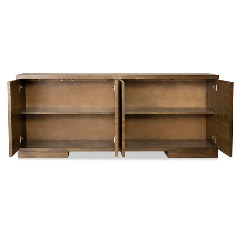 Alternate view of Braxton Cabinet, featuring matte to low-sheen stain, wood, wood veneer, and four hinged cabinet doors.