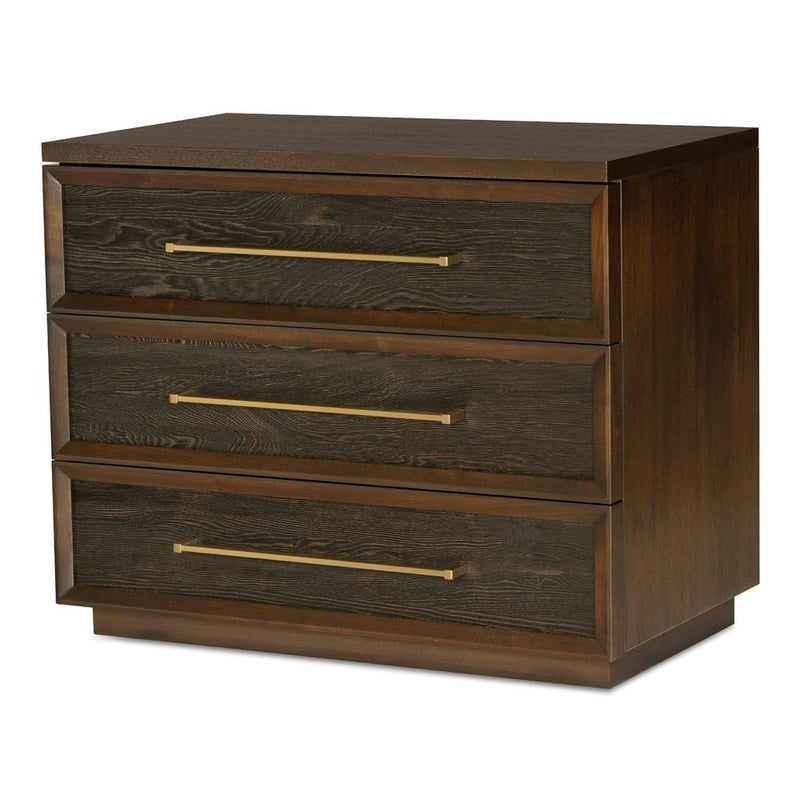 Alternate view of Indio Chest, featuring brushed brass finish, wood, metal, and three full-width drawers.