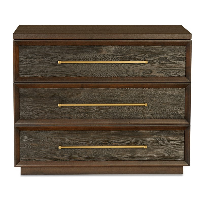 Indio Chest, shown in dark brown and charcoal gray-brown with wood, metal, and three full-width drawers.