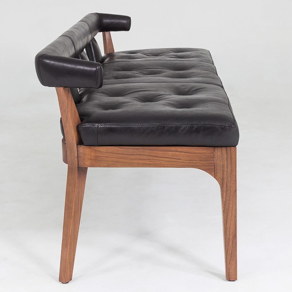 Additional view of Moderno Bench in black and walnut brown, featuring button-tufted finish and fixed low backrest.