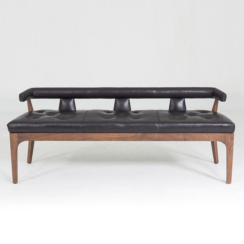 Moderno Bench, shown in black and walnut brown with leather, solid wood, and fixed low backrest.