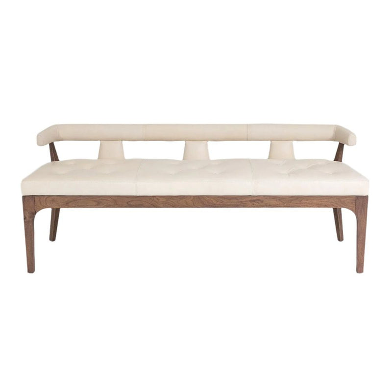 Moderno Bench, shown in ivory and cream with leather, wood, and fixed continuous arm-back rail.