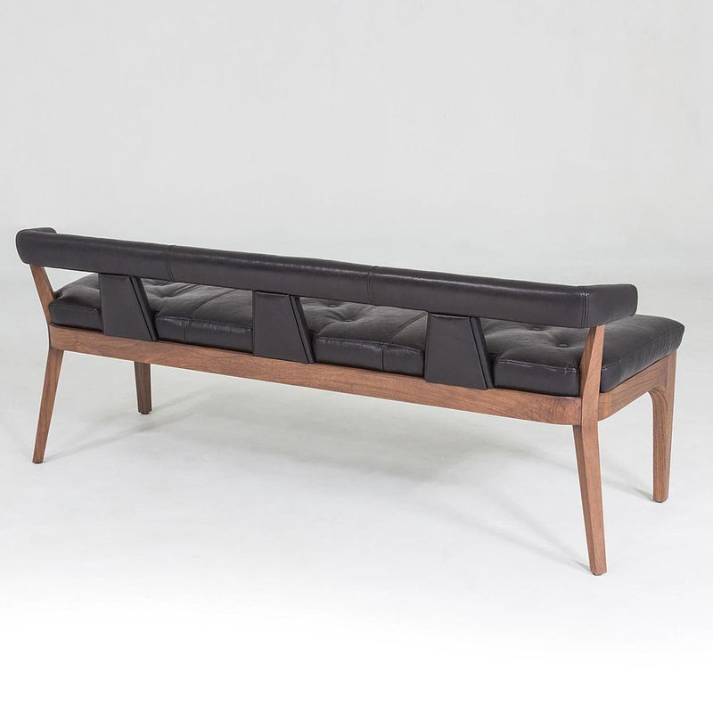 Alternate view of Moderno Bench, featuring button-tufted finish, leather, solid wood, and fixed low backrest.
