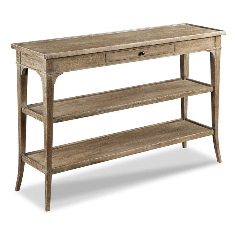 Vintage Console, shown in greige and weathered taupe with oak solids, oak veneer, and single centered drawer with round knob.