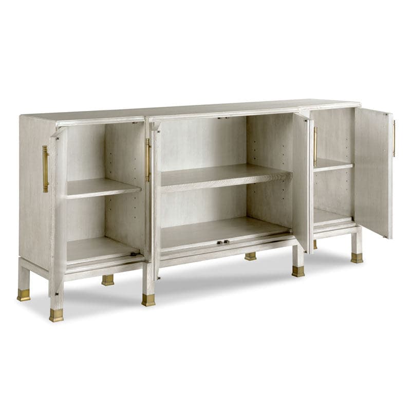 Alternate view of Nova Sideboard in light gray and warm beige with long low rectangular case on tapered block legs.