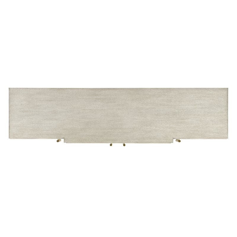 Additional view of Nova Sideboard, showing long low rectangular case on tapered block legs in light gray and warm beige.