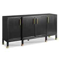 Nova Sideboard, shown in black with wood, ash veneer, and four-door enclosed cabinet storage.