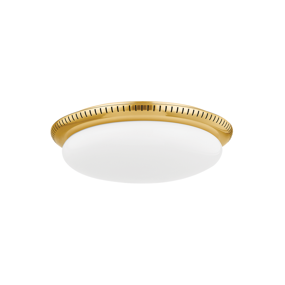 North Castle Flush Mount, shown in brass gold and opal white with brass metal, frosted glass, and a flush ceiling mount.