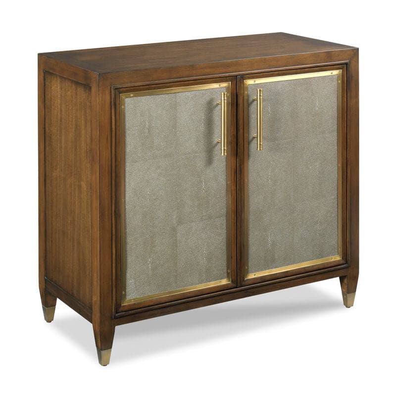 Edouard Cabinet, shown in warm walnut brown and taupe gray with walnut wood, faux shagreen, and dual enclosed storage doors.