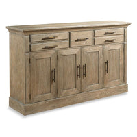 Bozeman Buffet, shown in light taupe and warm gray-brown with oak wood, oak veneer, and five exterior drawers.