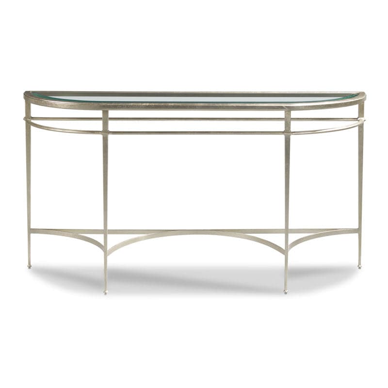 Additional view of Madeline Console Table in gold and silver, featuring fixed glass top surface.