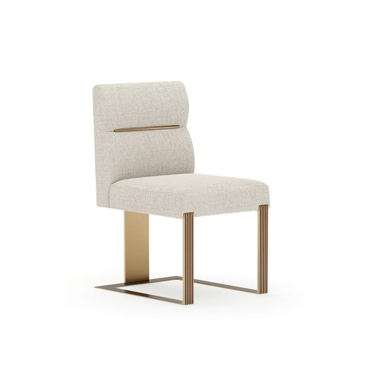 Alternate view of Counter Balance Dining Chair, featuring upholstered, textured fabric, metal, and armless.