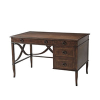 L'ecriture Pedestal Desk, shown in dark brown and medium brown with wood, leather, and leather writing surface inset.