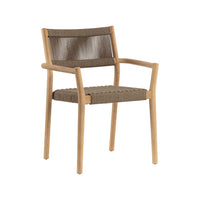 Kavala Stackable Dining Armchair, shown in natural light teak and taupe brown with teak wood, woven rope, and fixed arms.