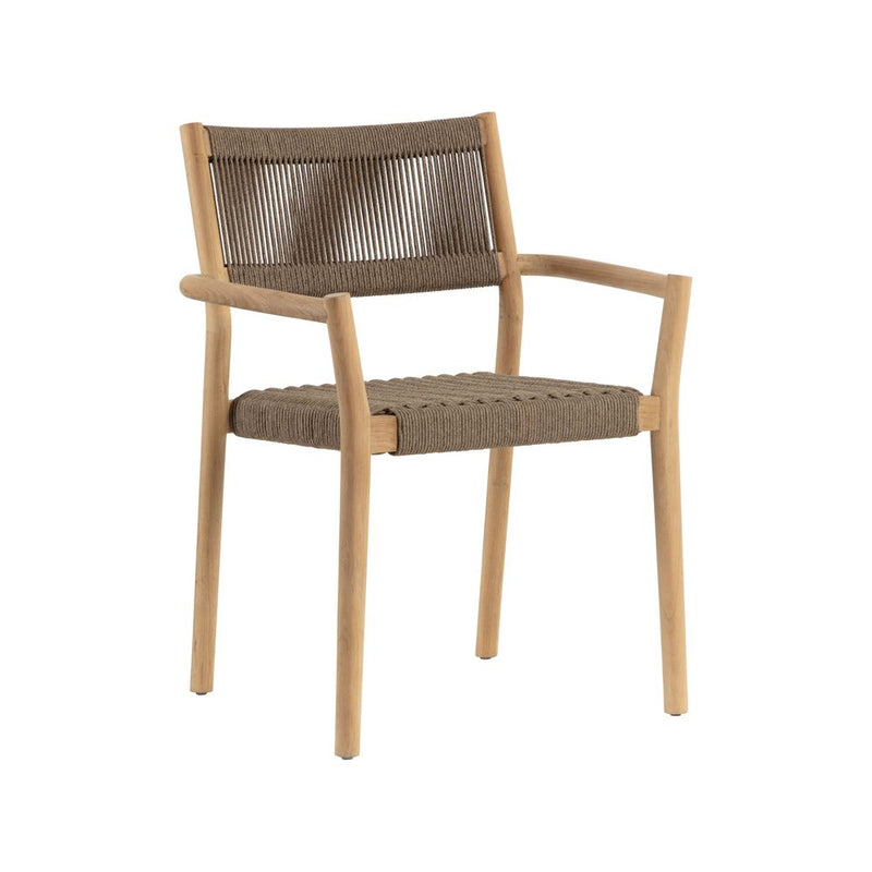 Kavala Stackable Dining Armchair, shown in natural light teak and taupe brown with teak wood, woven rope, and fixed arms.