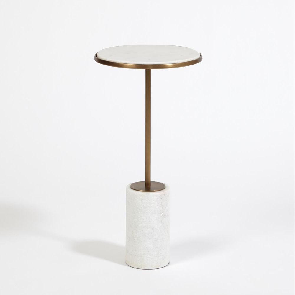 Alternate view of Short Cored Marble Table, featuring smooth stone top, marble, metal, and a small round top surface.