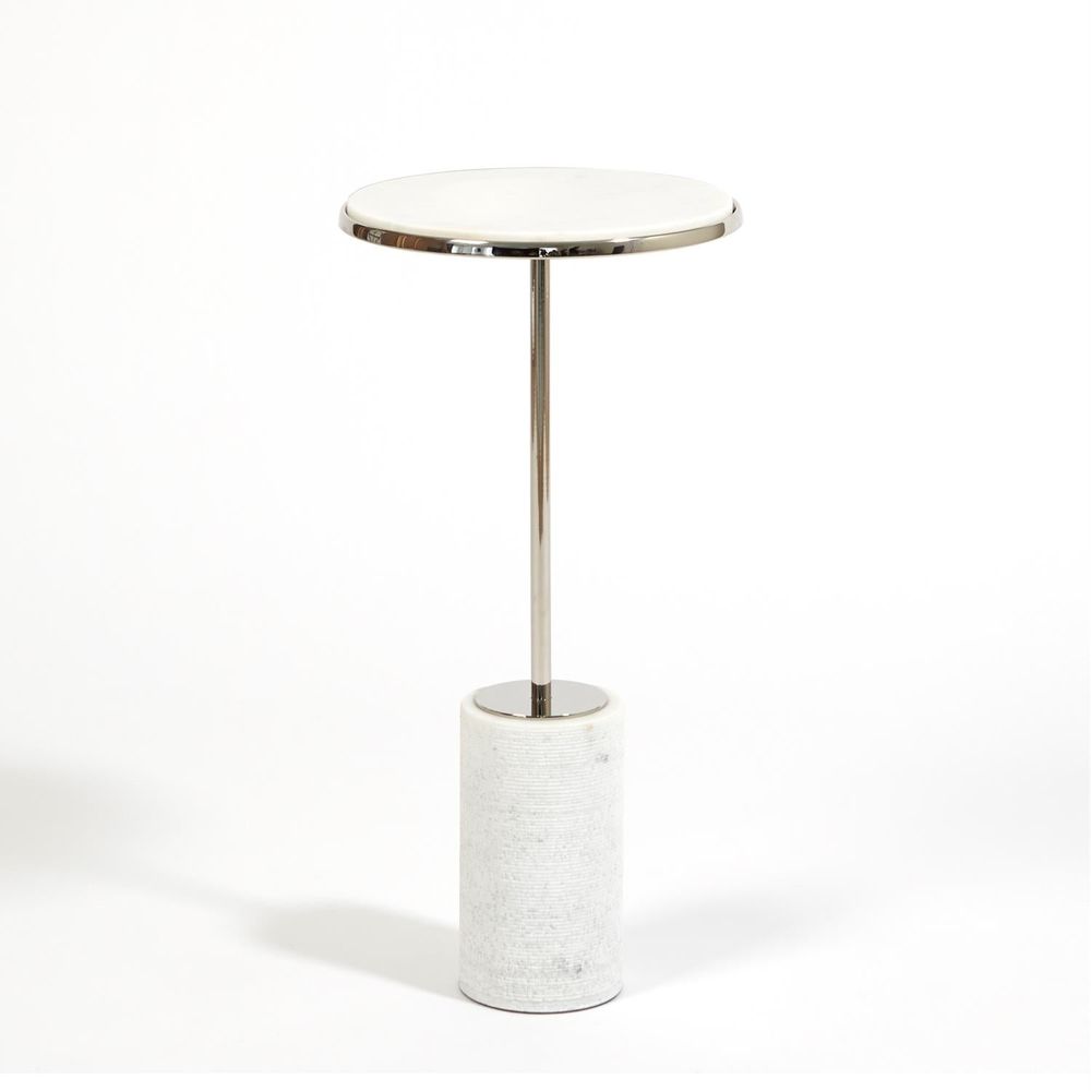 Short Cored Marble Table, shown in white and off-white with marble, metal, and a small round top surface.