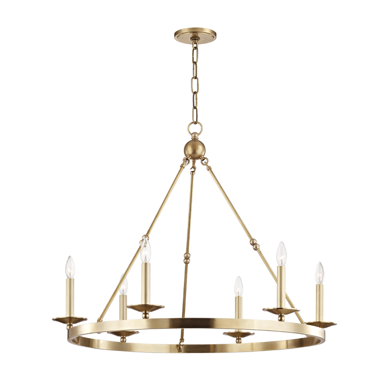 Allendale Chandelier, shown in brass gold and warm metallic gold with metal, brass, and chain-hung ceiling suspension.
