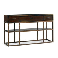 Metro Classics Console Table, shown in dark brown and bronze with wood, metal, and three working drawers.