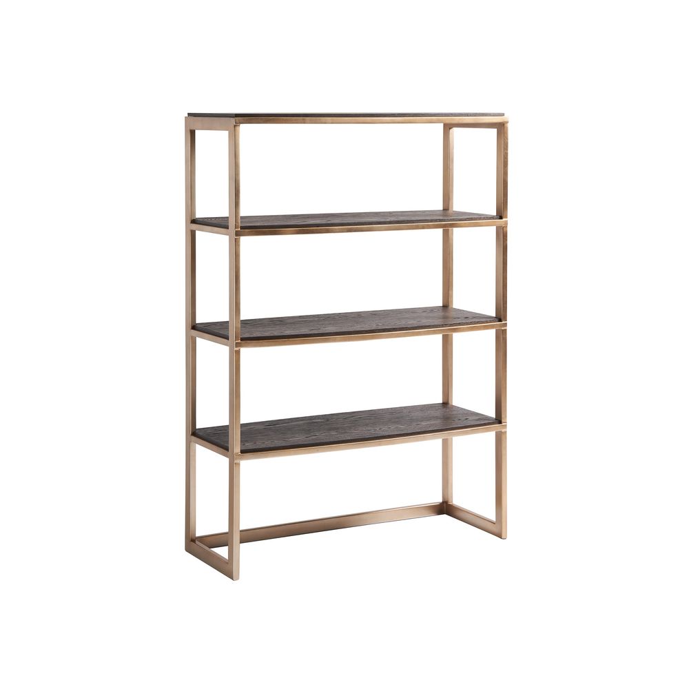 Carson Deck, shown in mocha brown and antique brass with wood, metal, and four fixed open shelves.