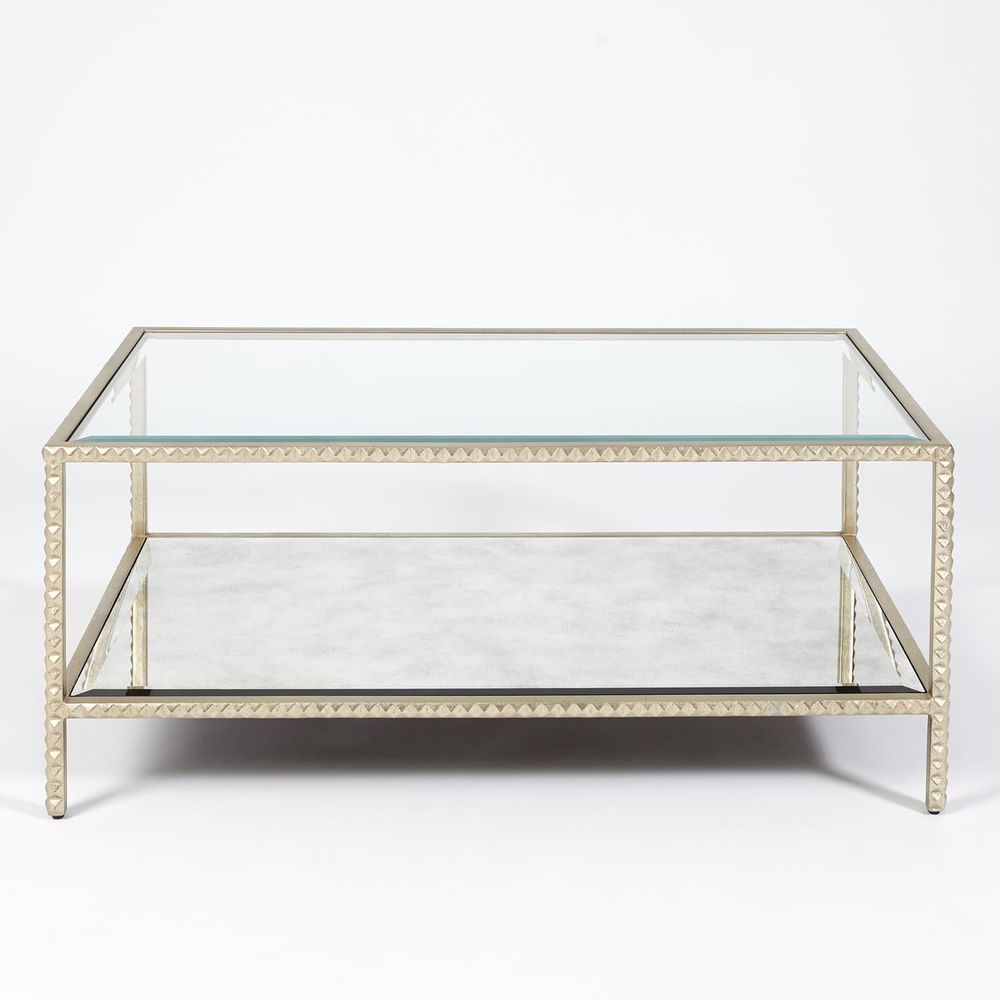 Alternate view of Stud Coffee Table-Silver Leaf in silver and clear with rectangular two-tier open frame with straight legs.