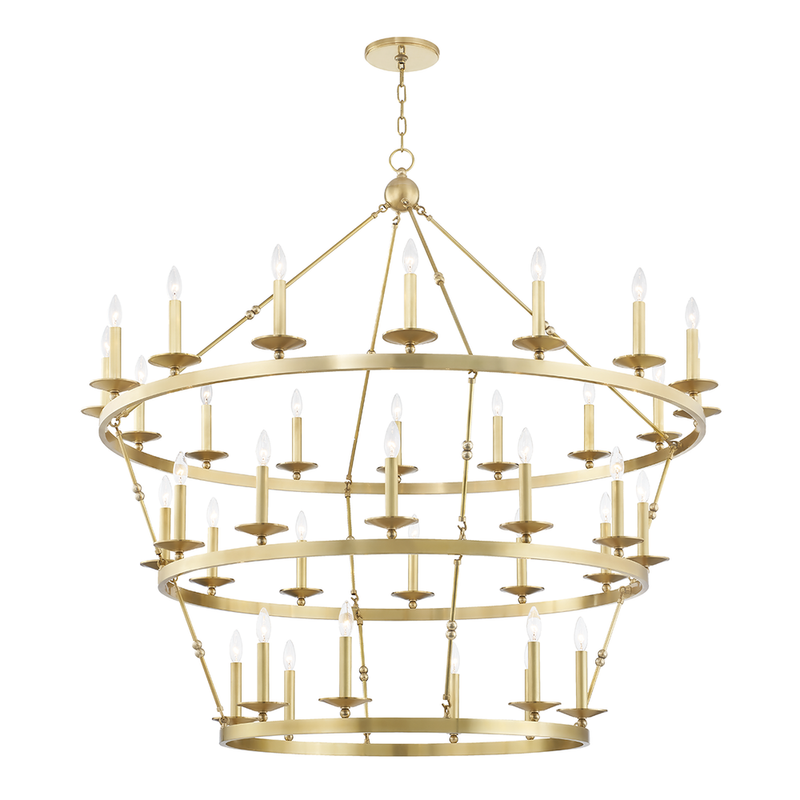 Allendale Chandelier, shown in brass gold and warm gold with metal, brass, and chain-hung suspension.