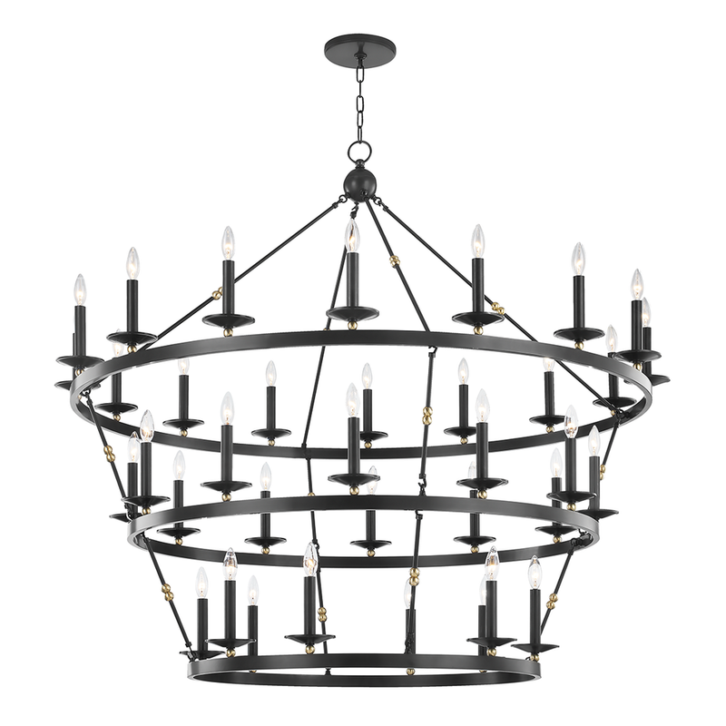 Allendale Chandelier, shown in matte black with metal, steel, and chain-and-canopy ceiling suspension.
