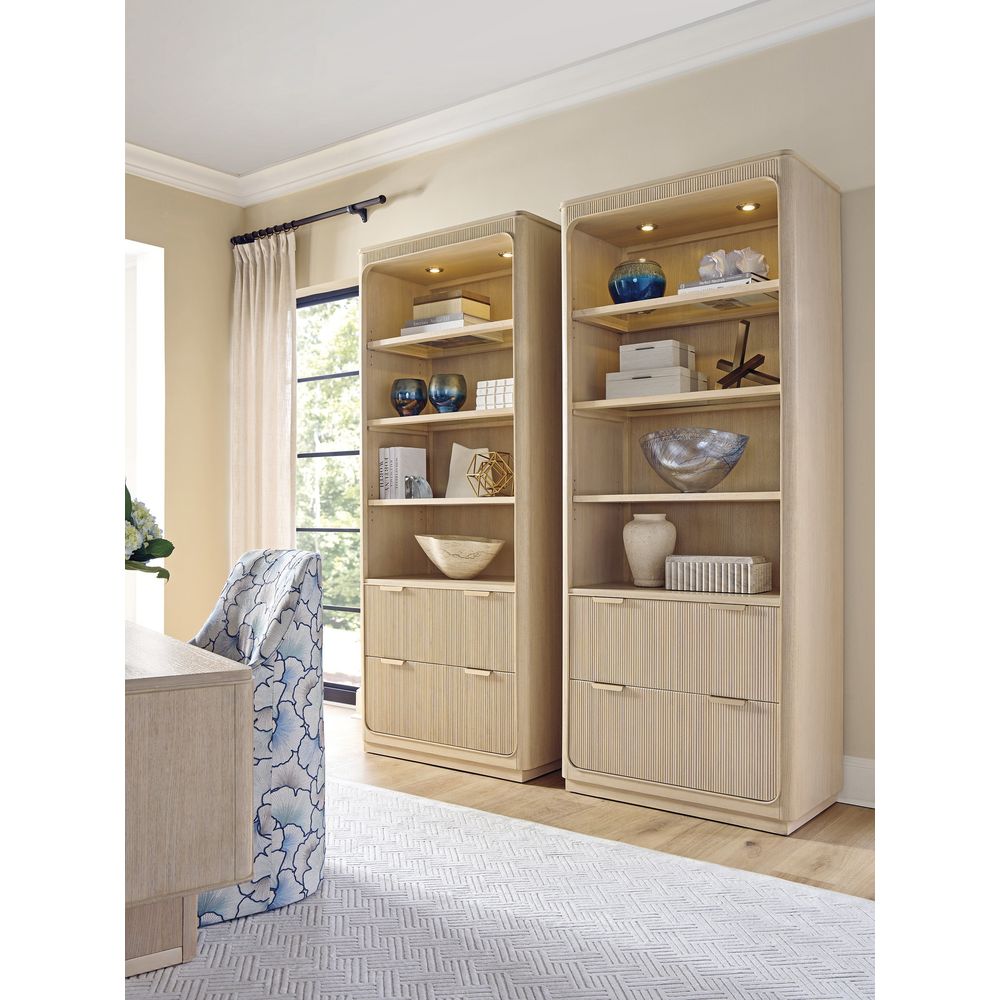 Alternate view of Montreux Bookcase in light natural wood / blonde oak and brushed champagne metal.