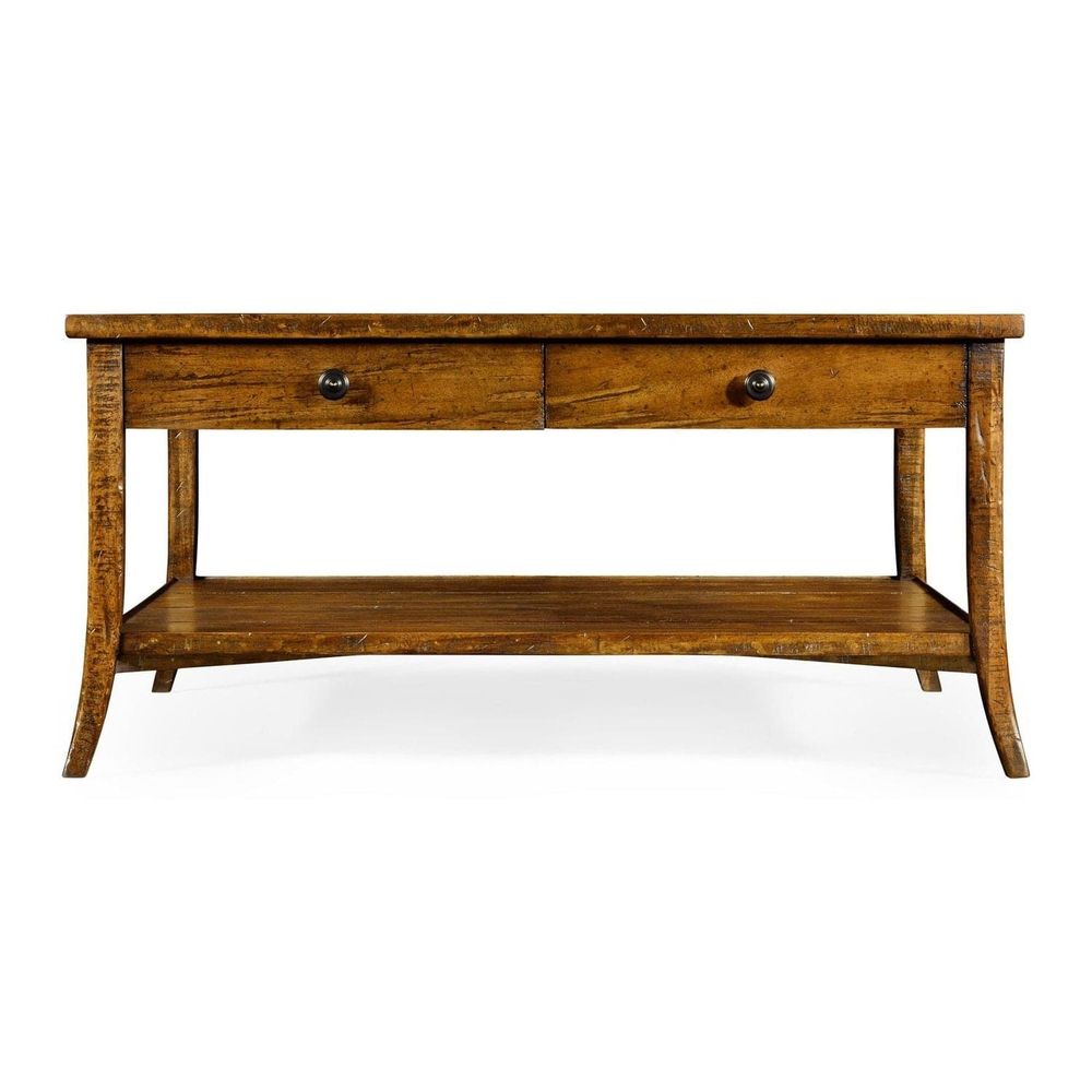 Alternate view of Square Coffee Table, featuring distressed stain, wood, metal, and two front drawers with round knobs.
