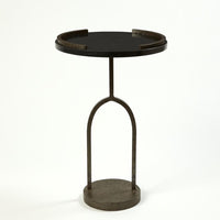 Wishbone Accent Table, shown in dark bronze and black with metal, iron, and raised partial gallery rim.
