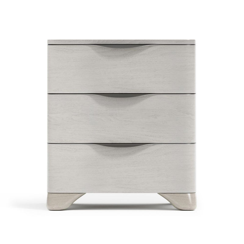 Esme Nightstand, shown in light gray and warm gray with wood veneer, wood, and three stacked drawers.