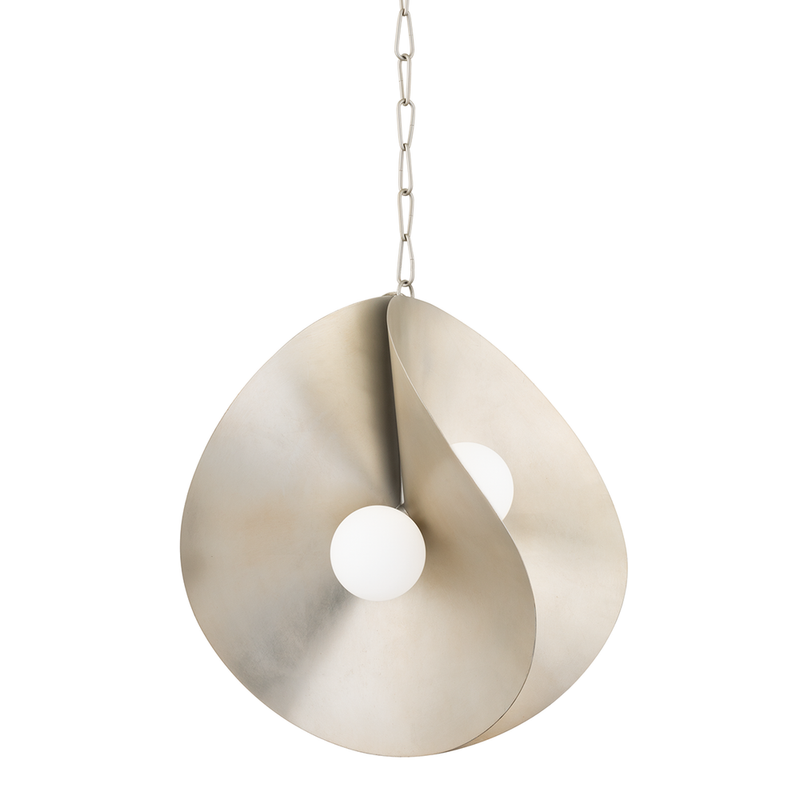 Peony Pendant, shown in warm silver and champagne with metal, glass, and chain-suspended pendant.