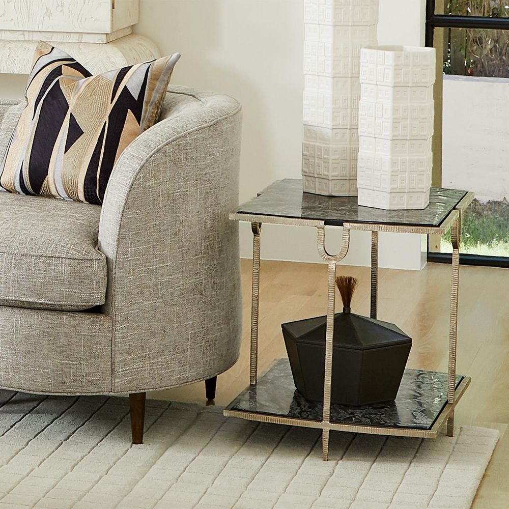Additional view of Curve Side Table-Silver, featuring brushed metallic finish, metal, marble, and two-tier open shelving.
